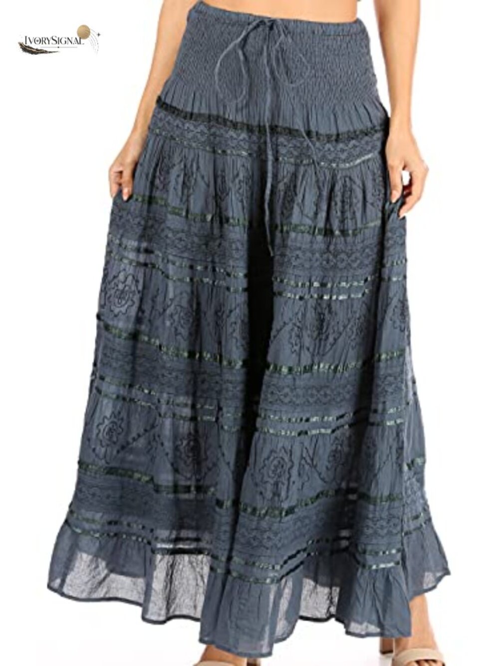 Boho Peasant Skirt 100% Cotton Lace Ribbon Smocked One Size